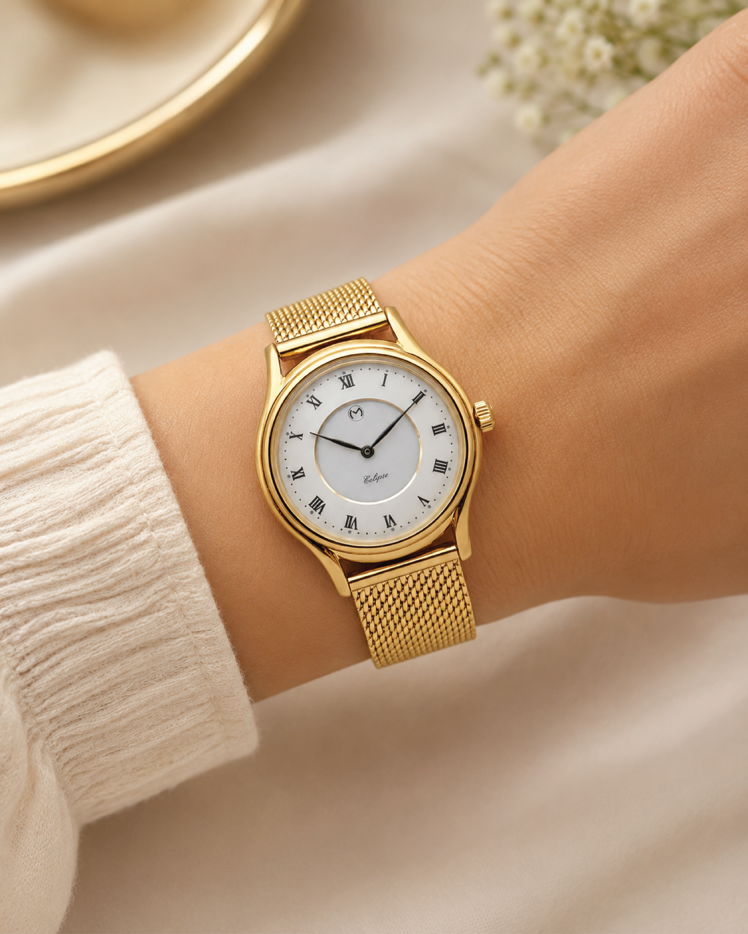 Lugano Eclipse Solar 36 MM Yellow Gold + Free Leather Band