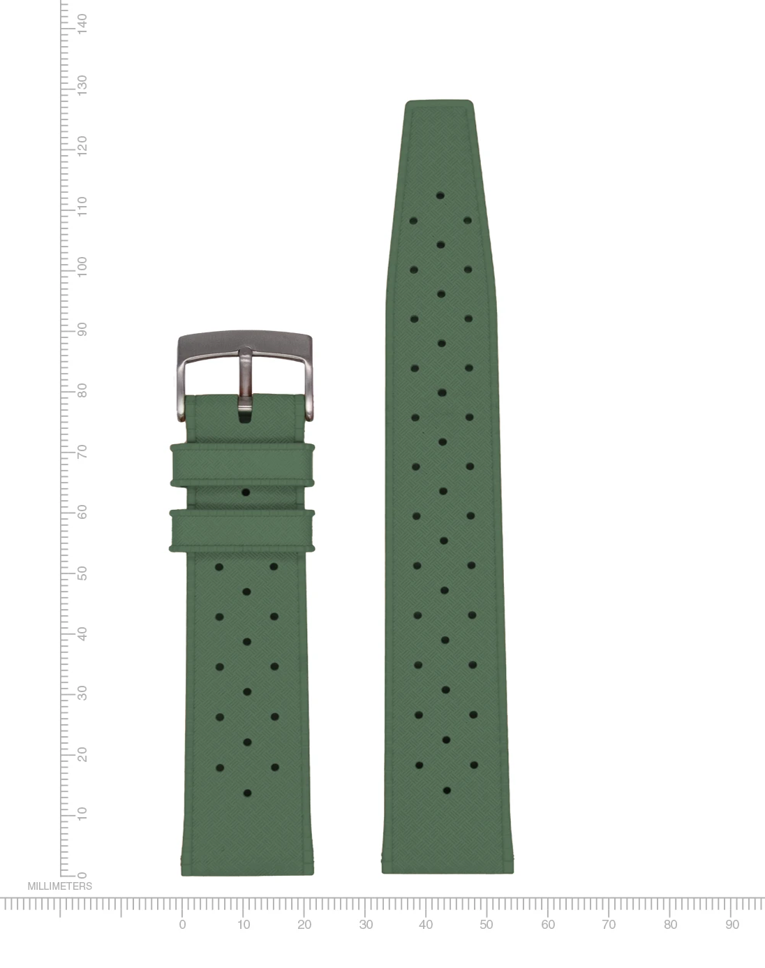 Green Oceanflex rubber watch strap Front with a silver buckle on a white background with measurement scale.